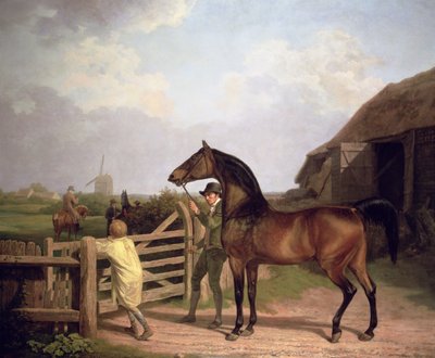 "Bay Ascham", ein Hengst wird durch ein Tor zu einer Stute geführt, 1804 von Jacques Laurent Agasse
