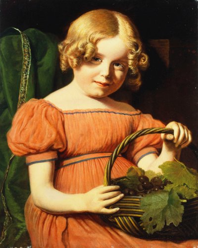 Porträt von Louisa Booth, sitzend halb lang, in einem korallenroten Kleid mit blauem Zopf, einen Korb mit Trauben haltend von Jacques Laurent Agasse