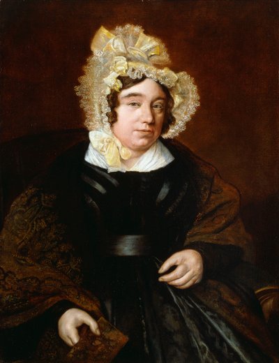Porträt von Mrs. Edward Cross, sitzend, halblang, in einem dunklen Satinkleid mit einem Paisley-Schal von Jacques Laurent Agasse