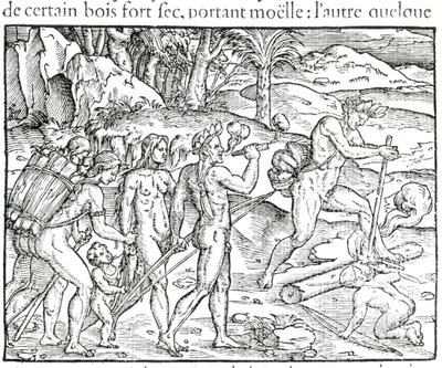 Indische Ureinwohner machen Feuer nach der Jagd, graviert von Theodor de Bry (1525-75) von Jacques Le Moyne