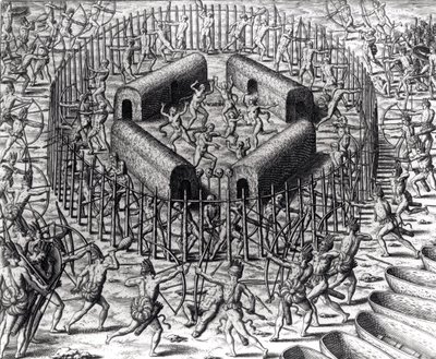 Johannes Staden hilft, die Indianer zu verteidigen, die ihn gefangen genommen haben, gegen die Tuppin Tkins, graviert von Theodore de Bry (1528-98), aus 