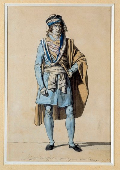 Französische Revolution: Entwurf für ein bürgerliches Kostüm 1793 „Kleidung des Gemeindebeamten mit der Schärpe“ Aquarell von Jacques Louis David (1748-1825) von Jacques Louis David