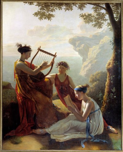 Griechische Dichterin Sappho spielt Lyra mit zwei ihrer Gefährtinnen von Jacques Louis Michel Grandin