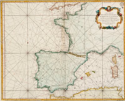 Karte von Westeuropa mit dem Pariser Meridian als Nullmeridian von Jacques Nicolas Bellin