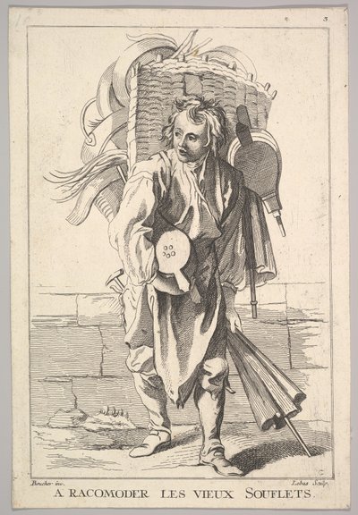 Umgekehrte Kopie von A Racomoder les Vieux Souflets Mend the Old Bellows, aus Le Cri..., 18. Jahrhundert von Jacques Philippe Le Bas