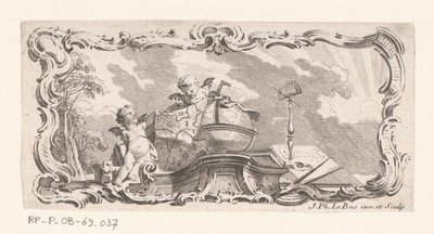 Vignette mit zwei Putti mit Landkarte, Globus und Messinstrumenten von Jacques Philippe Le Bas
