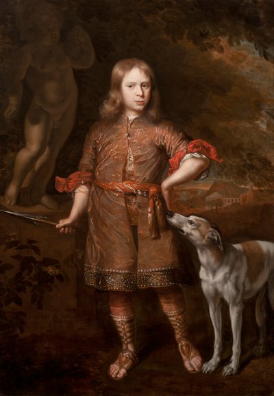 Porträt eines Jungen als Jäger mit Wildschweinspeer und Windhund, Mitte der 1670er Jahre von Jacques Vaillant