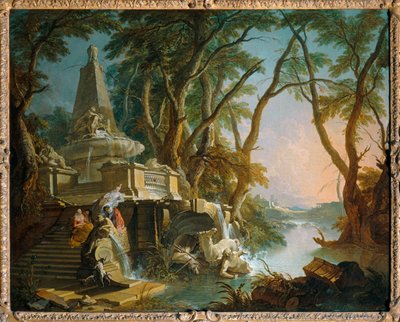 Komponierte Landschaft: der Fluss, auch bekannt als Pyramidenbrunnen mit einer zerbrochenen Neptunstatue von Jacques de (after) Lajoue