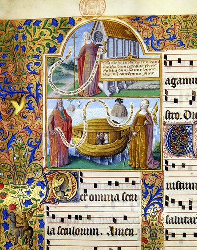 Ms 0412 Miniaturen, die eine allegorische Darstellung der Kirche und darunter Moses mit den Gesetzestafeln, die Arche Noah und eine Frau mit verbundenen Augen darstellen, die die 