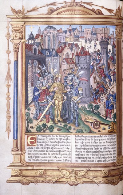 Illuminierte Handschrift, die einen König und seine Armee vor einer Stadt darstellt, 1503-04 von Jacques de Besancon