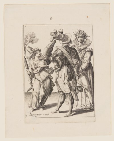 Ein blind gefalteter Amor, der eine Fackel vor einem Paar hält, aus Die Maskeraden von Jacques de Gheyn II