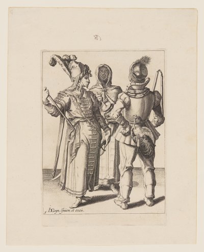 Ein Grandee in östlicher Kleidung, ein Mann mit einem Hahn an seinem Gürtel und eine verschleierte Frau, die den Rumbling-Pot spielt, aus Die Maskeraden von Jacques de Gheyn II
