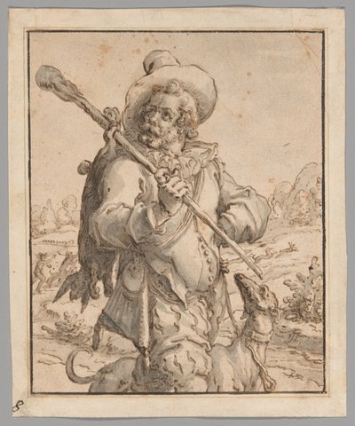 Ein Jäger mit einem toten Hasen und einem Hund (Studie für "Terra") von Jacques de Gheyn II