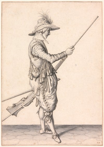 Ein Soldat lädt eine Muskete, "Ramme in Your Pouder" von Jacques de Gheyn II