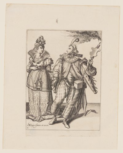 Eine Frau, geführt von einem Spieler mit einer Fackel, aus Die Maskeraden von Jacques de Gheyn II