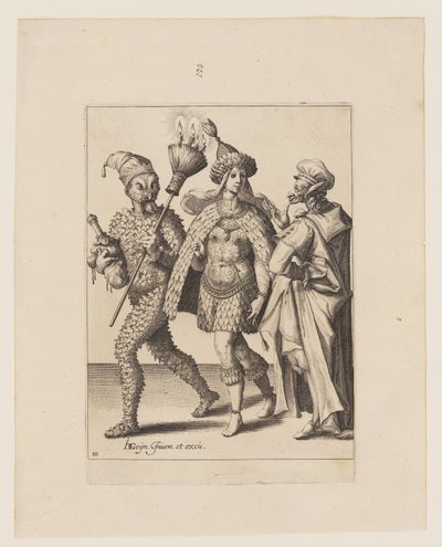 Ein alter Mummer spricht ein Paar in Blättern und Vogelfedern an, aus The Masquerades von Jacques de Gheyn II