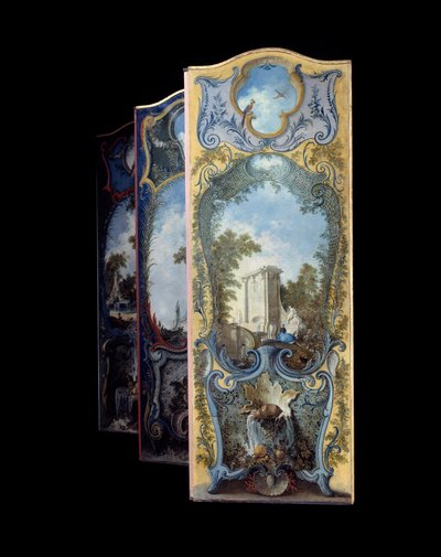 Möbel: bemalter Paravent auf Marouflé-Papier von Jacques de Lajoüe