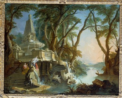 Komponierte Landschaft oder „Der Fluss“. Pyramidenbrunnen mit Neptunstatue, zerbrochen. Gemälde von Jacques de Lajoue, 18. Jahrhundert von Jacques de Lajoüe