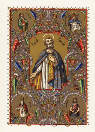 Porträt von Kyrill von Alexandria, Patriarch von Alexandria, mit Heiligenschein und Robe, innerhalb dekorativer Umrandung aus Laub von Jacquet Jacquet