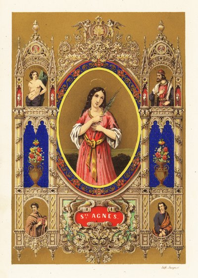 Porträt der Heiligen Agnes von Rom, Jungfrau und Märtyrerin, mit Heiligenschein und Palmwedel innerhalb eines dekorativen Rahmens von Jacquet Jacquet