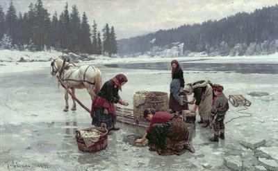 Frauen waschen Wäsche durch ein Loch im Eis von Jahn Ekenaes