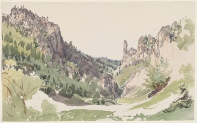 Ein sitzender Mann, der ein sonnenbeschienenes Bergtal betrachtet von Jakob Alt
