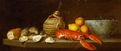 Brot, Austern, eine Chianti-Flasche, ein Hummer, Zitronen, Orangen und Gläser in einer Porzellanschale auf einem Sims von Jakob Bogdani or Bogdany