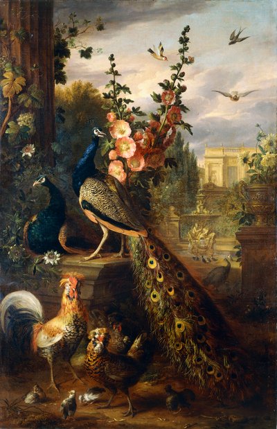 Zwei Pfauen auf einem Steinsockel in einem Garten von Jakob Bogdani or Bogdany