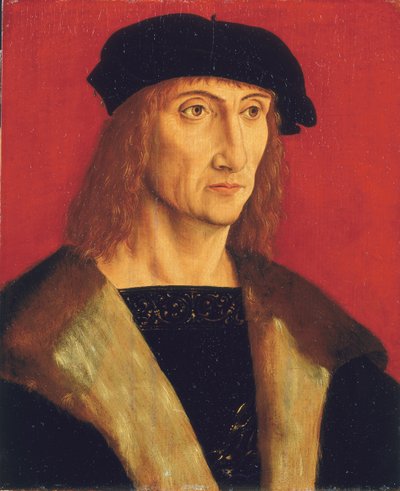 Porträt eines Mannes mit Pelzmantel, Goldkette und schwarzem Barett vor rotem Hintergrund von Jakob Elsner