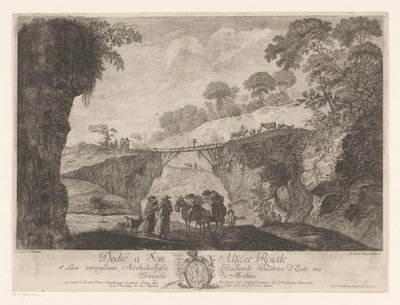 Berglandschaft mit einer Holzbrücke zwischen zwei Felsen von Jakob Wangner