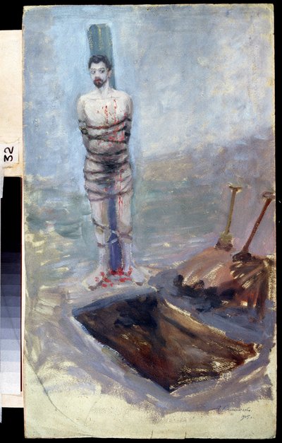 Russische Revolution von 1905: "Die Hinrichtung" Ein Verurteilter an einen Pfahl gebunden nahe seinem ausgehobenen Grab. Gemälde von Jakov Kalinichenko (1869-1938) 1905 Staatliches Regionales I. Pozhalostin Kunstmuseum, Ryasan von Jakoff Jakovlevitch Kalinitchenko