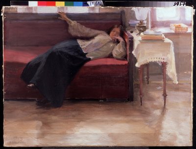 "Songes" junge nachdenkliche Frau auf einem Diwan. Gemälde von Jakov Kalinichenko (1869-1938) von Jakoff Jakovlevitch Kalinitchenko