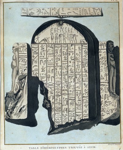 Tafel der Hieroglyphen gefunden in Axoum (Aksoum) - in „Reise nach Nubien und Abessinien unternommen, um die Quellen des Nils zu entdecken, in den Jahren 1768 bis 1772“, von James Bruce, Bd. 1, Paris von James Bruce