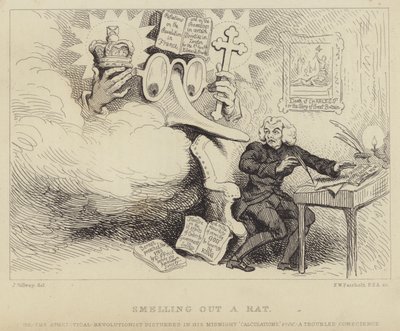 Eine Ratte aufspüren: Der walisische Philosoph, nonkonformistische Prediger und Pamphletist Richard Price erschreckt von einer riesigen, bebrillten Nase, die Edmund Burke darstellt, der ihn bei der Arbeit überrascht, umgeben von Beweisen für Aufruhr gegen  von James (after) Gillray