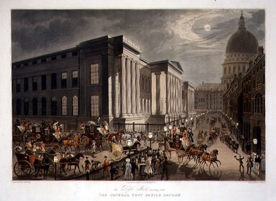 Die königlichen Postkutschen starten vom Hauptpostamt in London, gestochen von R. G. Reeves (fl.1811-37), veröffentlicht von Thomas McLean von James (after) Pollard