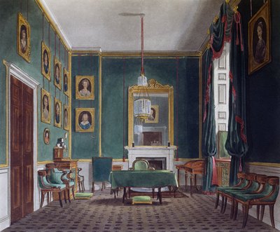 Grünes Rückzugszimmer, Gravur von Daniel Havell (1785-1826), basierend auf einem Entwurf von James Stephanoff (ca. 1788-1874), aus The History of the Royal Residences von James (after) Stephanoff