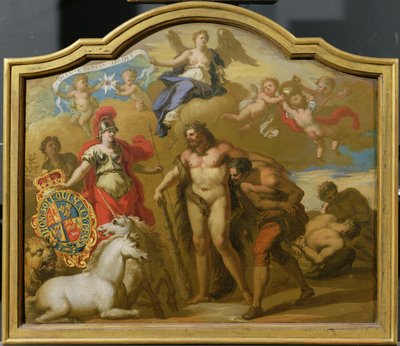 Allegorie der Macht Großbritanniens zu Lande, Entwurf für ein dekoratives Paneel für die Zeremonienkutsche von George I., ca. 1718 von James (attr. to) Thornhill