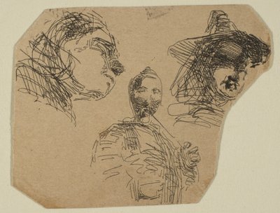 Zwei weibliche Köpfe und stehende Figur aus Skizzen auf der Küstenvermessungsplatte, 1854-55 von James Abbott McNeill Whistler