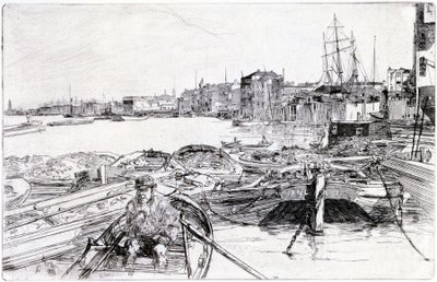 Ansicht der Themse über das Londoner Becken, 1859, gehört zu einer Serie von Gravuren über die Themse, die die Gemeinschaft der Seearbeiter in der englischen Hauptstadt hervorhebt von James Abbott McNeill Whistler