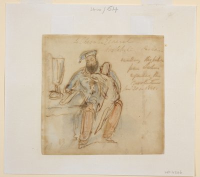 General Avitabile liest an einem Tisch, mit einer Frau auf seinem Knie, möglicherweise seine Favoritin, Begum Peri von James Atkinson