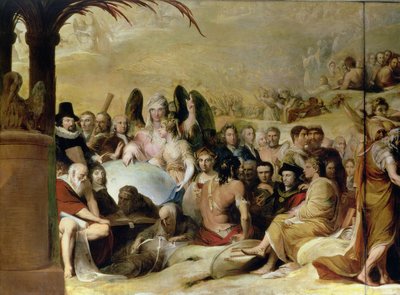 Elysium oder der Zustand der endgültigen Vergeltung, sechste in der Serie Der Fortschritt der menschlichen Kultur und des Wissens, Detail von Wissenschaftlern und Philosophen, die den Globus betrachten von James Barry