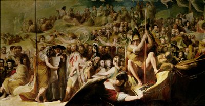 Elysium oder der Zustand der endgültigen Vergeltung, sechste in der Serie Der Fortschritt der menschlichen Kultur und des Wissens, Detail von Wissenschaftlern und Philosophen von James Barry