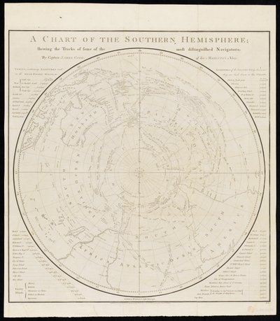 Eine Karte der südlichen Hemisphäre; zeigt die Routen einiger der bekanntesten Entdecker, von Kapitän James Cook, von Seiner Majestät Marine von James Cook
