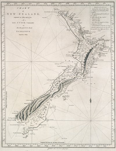 Karte von Neuseeland, erforscht 1769 und 1770 von Leutnant J. Cook, Kommandant von Seiner Majestät Bark Endeavour von James Cook
