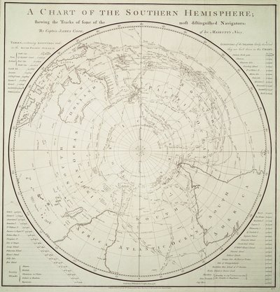 Karte der südlichen Hemisphäre mit vor-Cook-Reisen und Entdeckungen von James Cook