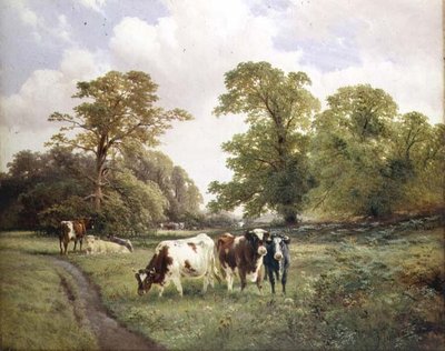 Vieh weidet an einem Pfad in einer bewaldeten Landschaft von James Duffield Harding