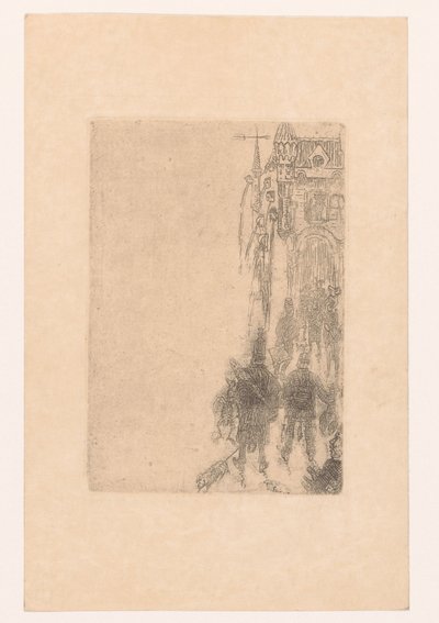 Figuren gehen auf ein Tor mit Fleisch und Fisch zu von James Ensor