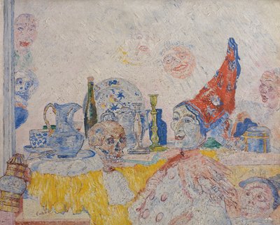 Pierrot und Skelett in gelbem Gewand von James Ensor