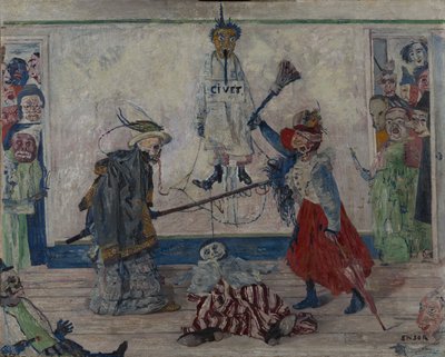 Skelette kämpfen um den Körper eines Gehängten von James Ensor