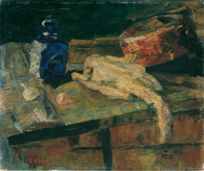 Stillleben mit blauer Flasche und gerupftem Huhn von James Ensor